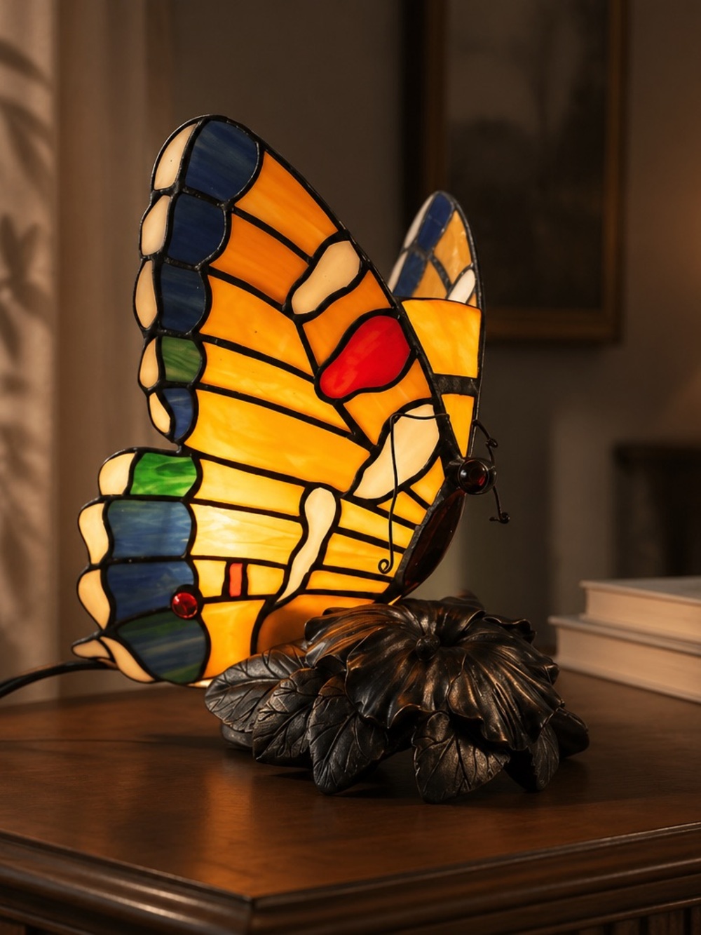 Stunning Vintage Tiffany Style Stained Glass Butterfly Table Lamp